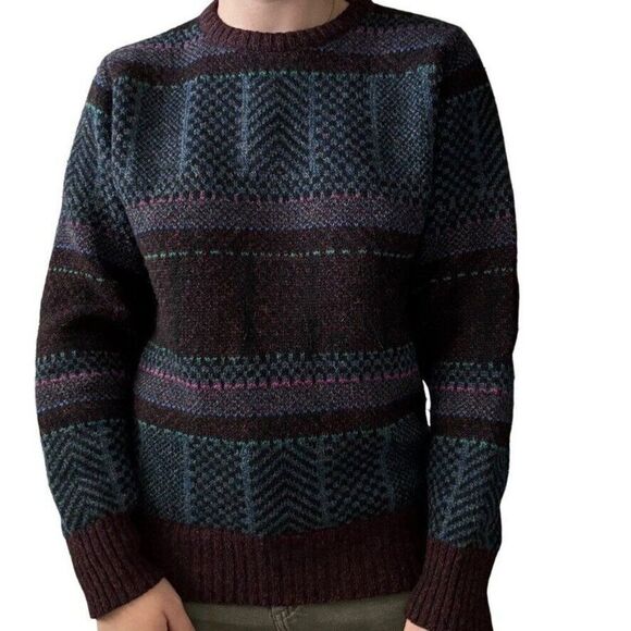 Vintage Unisex Rainbow 100% Wool Geometric Oversized Stripe Grandpa Sweater Sz S - Picture 3 of 6